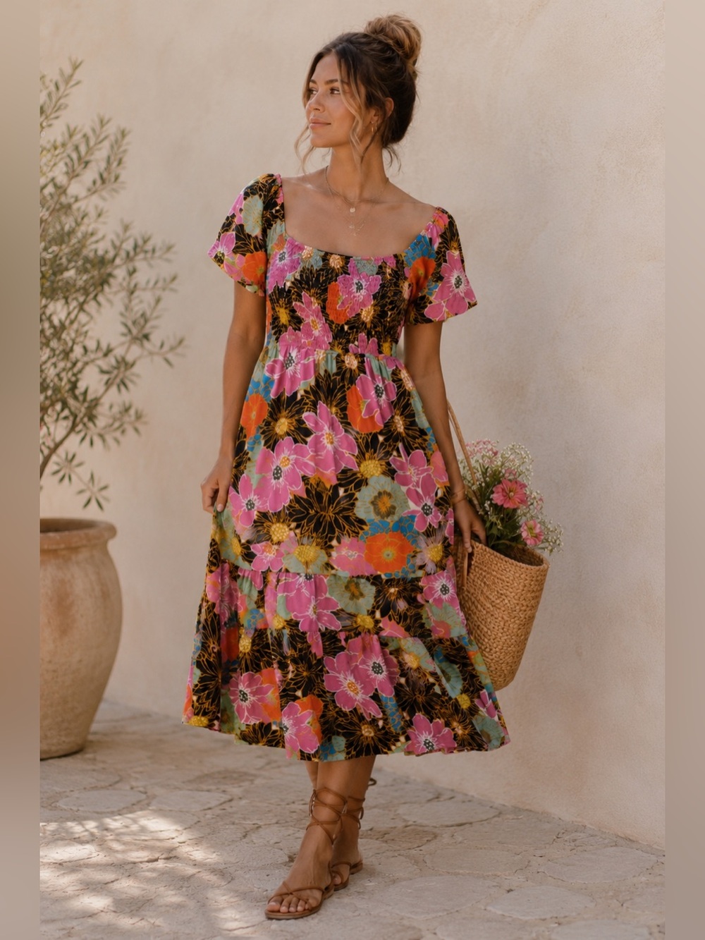 Pinch Women’s Medium Floral Smocked Midi Dress Puff Sleeve Square Neck Boho